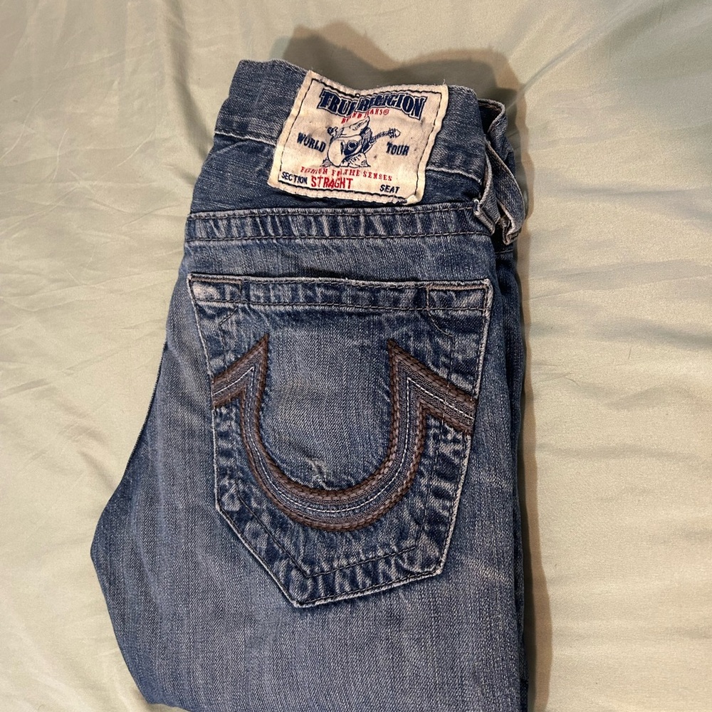 True Religion Blue Straight Leg Denim with Signature Stitching